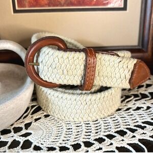 Barcelona Tan Woven Belt with‎ Leather Accents Round Buckle Medium Elastic